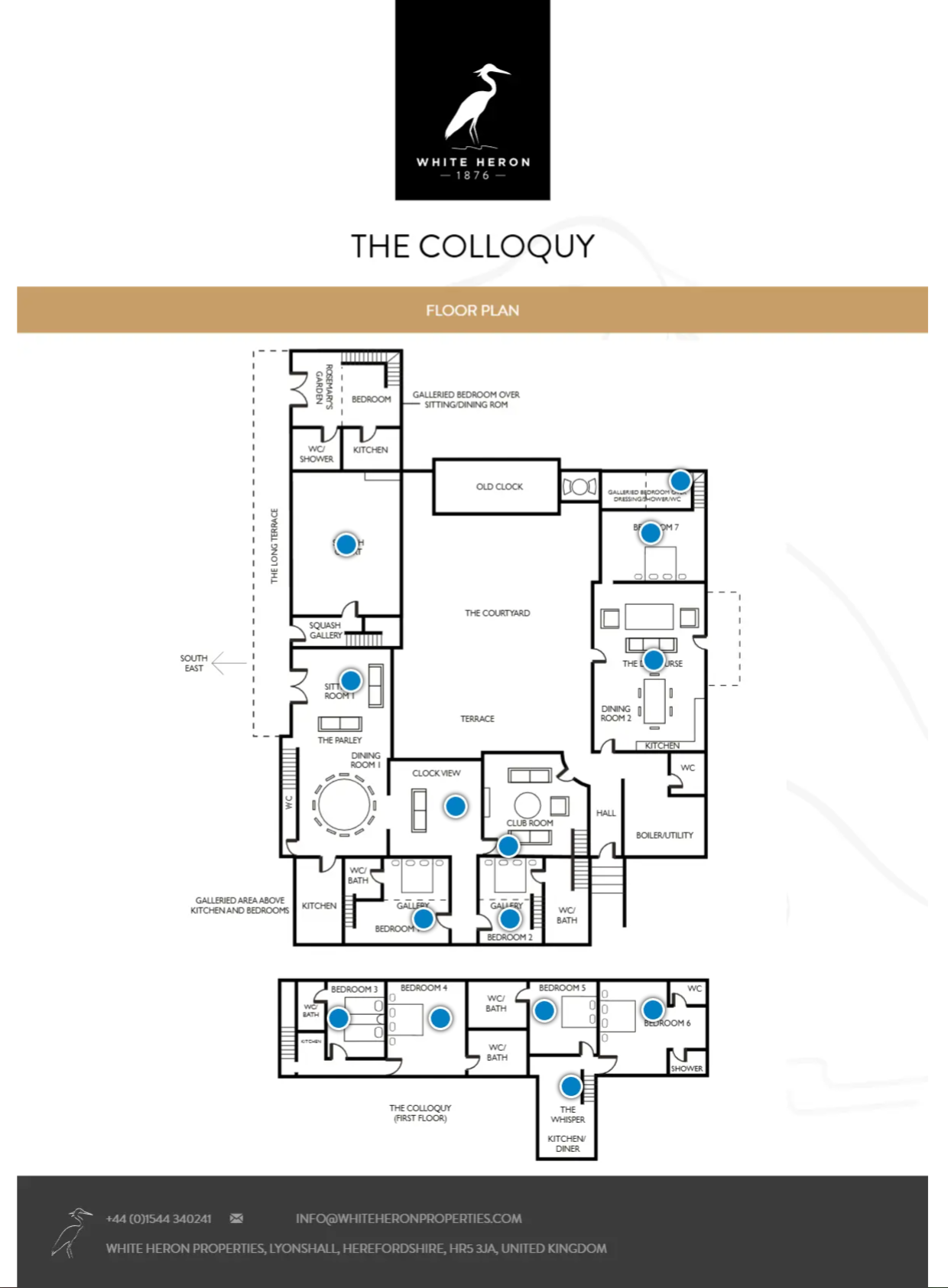 The Colloquy floorplan — two-floor interior with galleried bedroom and internal courtyard