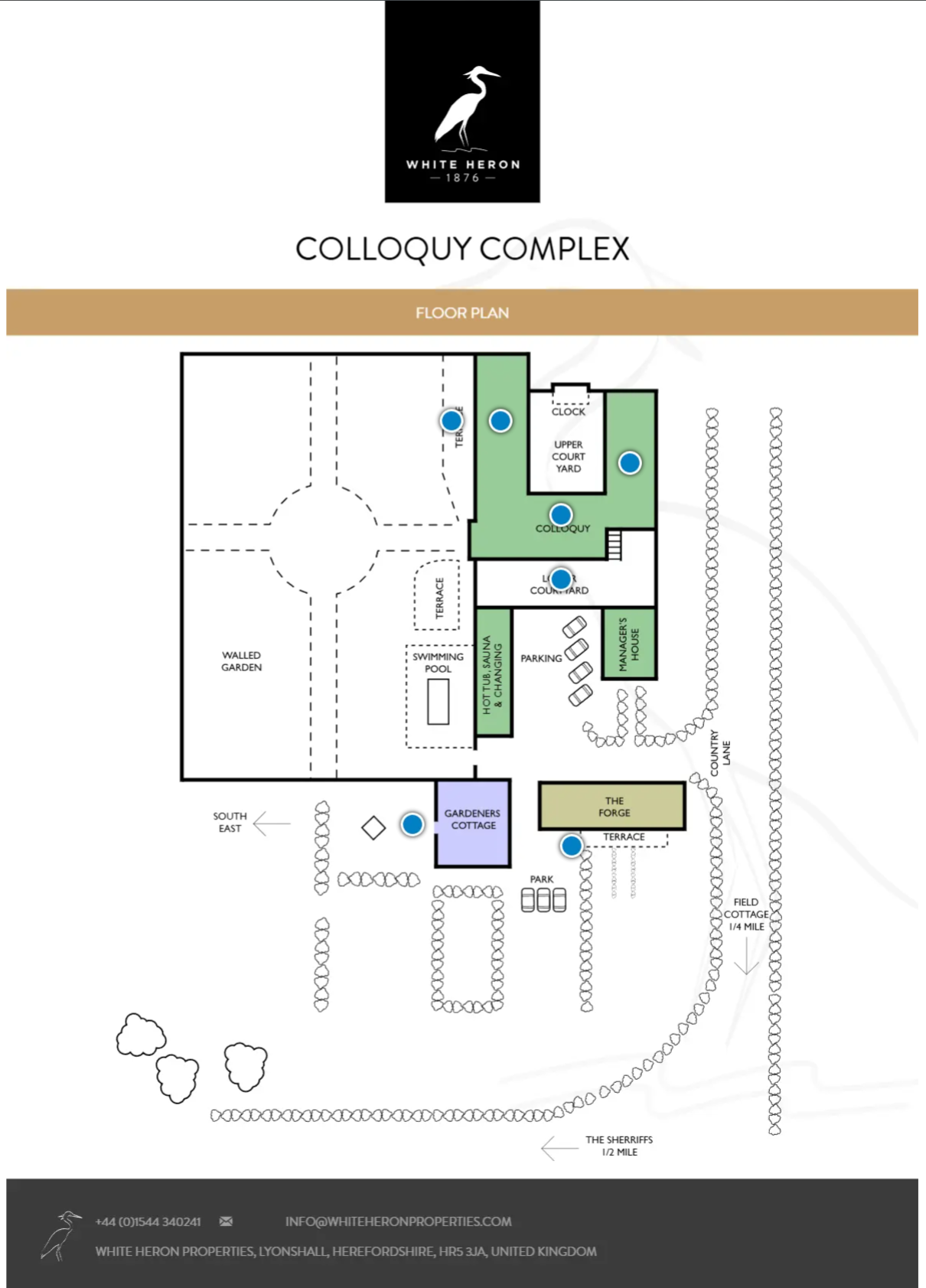 White Heron Estate — Colloquy Complex site overview floorplan showing all buildings and grounds