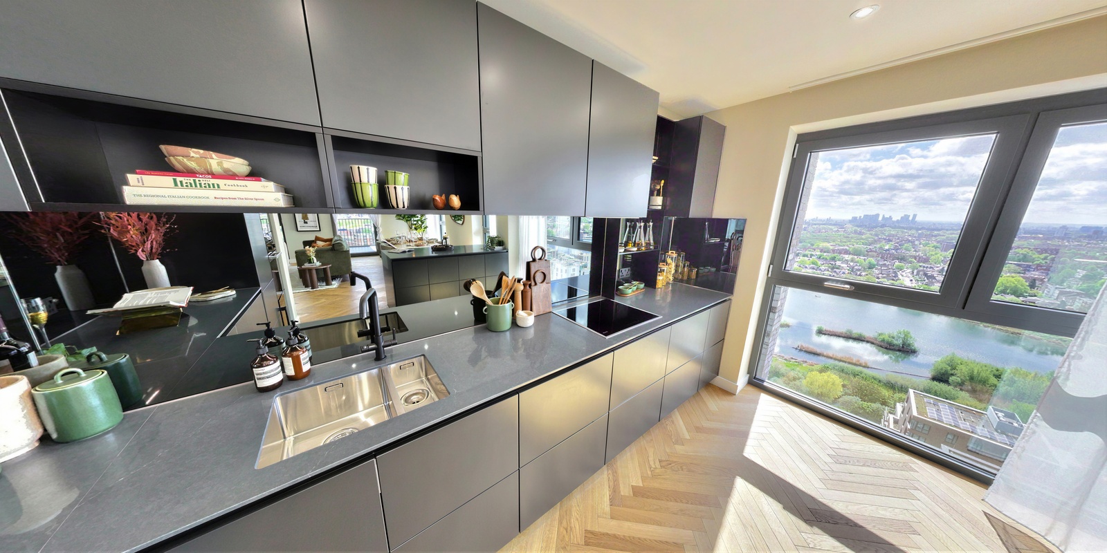 Styled kitchen interior with a city view — the finish virtual staging aims to recreate